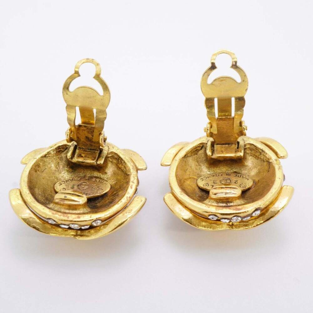 Chanel Earrings, Coco Mark Circle, GP Plated, Rhinestone, Gold, Women's - Picture 10 of 10
